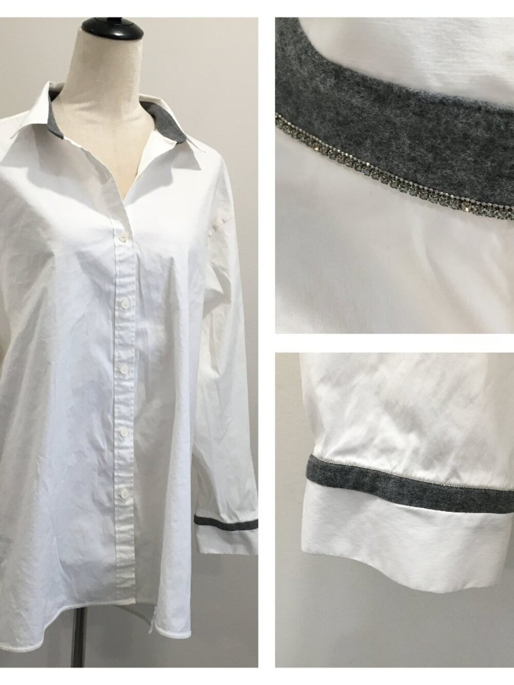 LAFAYETTE 148 White Gray Felt Silver Chain Applique High Low Hem Button Shirt